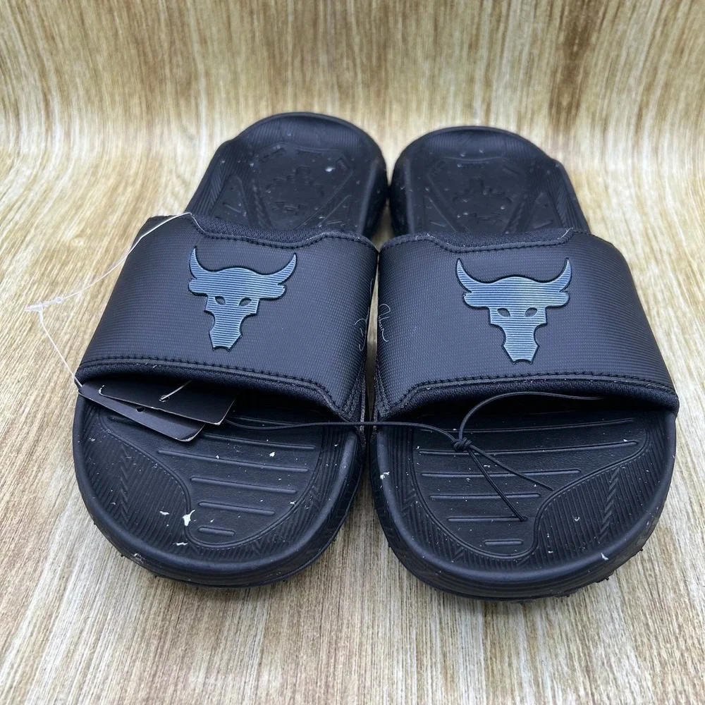 Under Armour Project Rock 3 Slide Mens Size 14 Black Brahma Bull Sandals 3026034